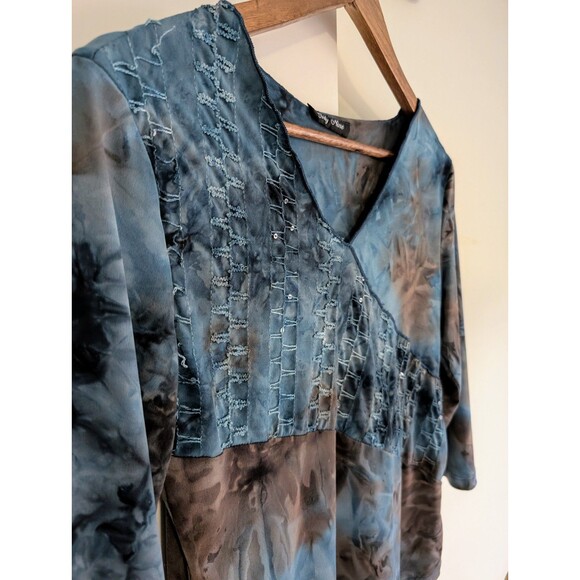 VTG 90s ONLY NINE Green Mottled Tie Dye V Neck Top Sequins Embroidery Womens S - Picture 2 of 9